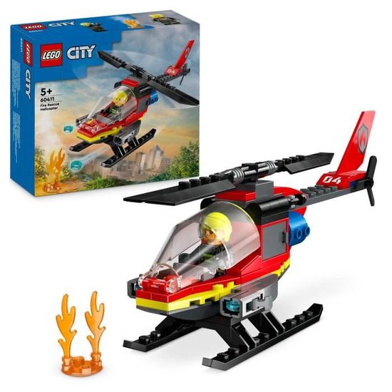 LEGO® 60411 City L’Hélicoptère de Secours des Pompiers, Jouet avec Minifigurines de Pilote Pompier, Cadeau pour Enfants