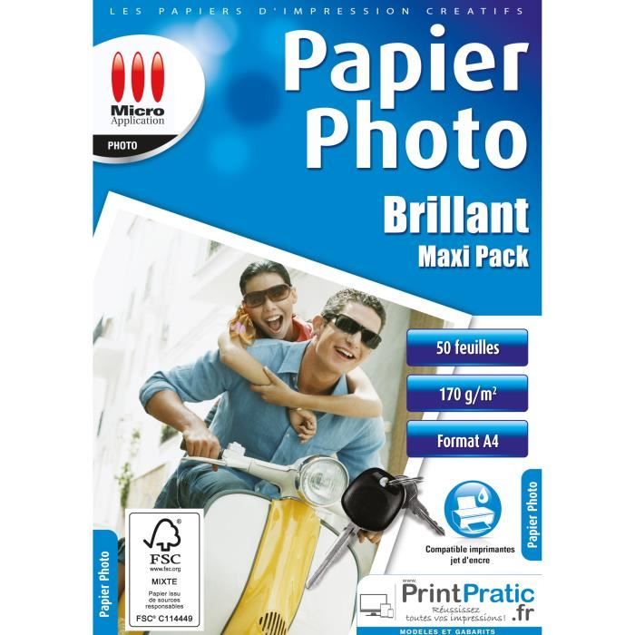 Papier Photo Brillant A4 - Maxi Pack - 170 g/m² - 50 Feuilles - Micro  Application