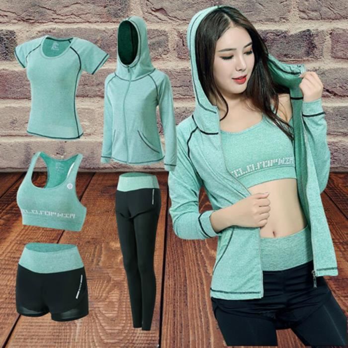【HARNAIS DE TETE】5PCS Yoga Vêtements Costume Ensemble Survêtement Running Gym Hiver Fitness Vêtements Femmes - vert163