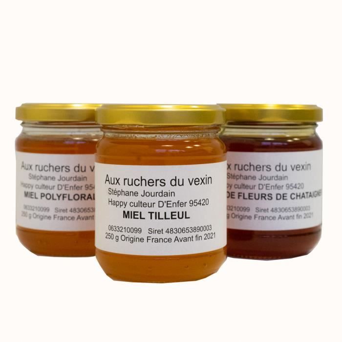 Trio Miels francais : 1 miel tilleul, 1 miel de fleur de châtaignier et 1 miel de Printemps - 3x250g - Hauts de France