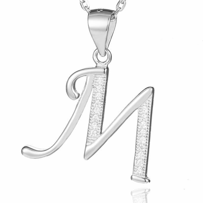 Collier Morella femme pendentif avec lettre M argent 925 rhodié avec zircons blancs 45 cm