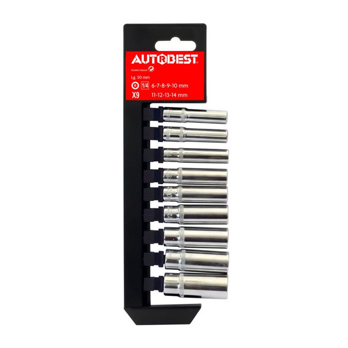 AUTO BEST jeu 9 douilles longues, 6 pans, carre 1/4,