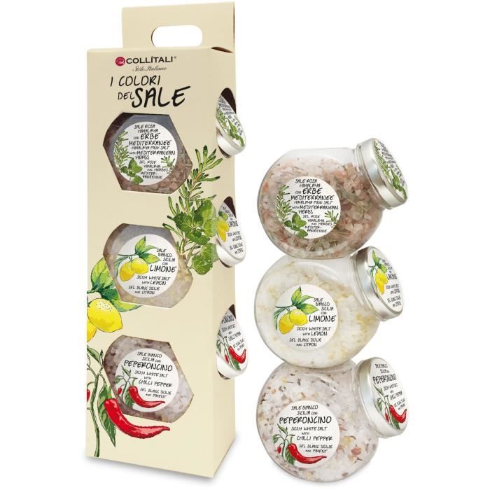 COLLITALI ESCAPADE 3 recettes : sel rose Himalaya & herbes 190 g, sel Sicile / zeste citron 215 g, pot sel piment 200 g