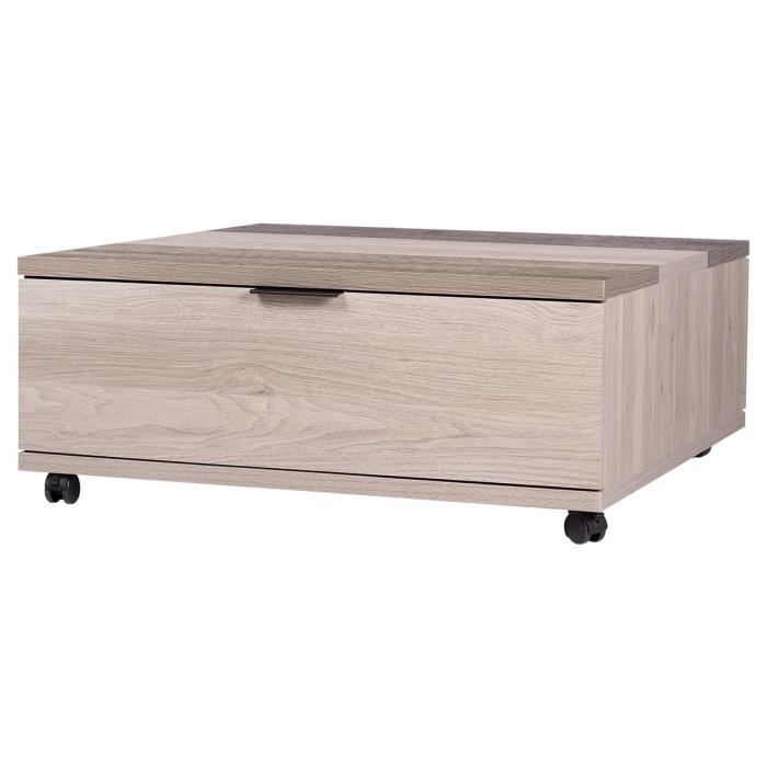 Table basse à roulette 2 tiroirs - Bois et noir - L 80 x P 80 x H 35 cm - CAIRO