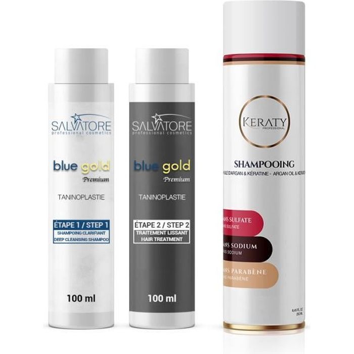 SALVATORE BLUE GOLD PREMIUM - LISSAGE AU TANIN - TANINOPLASTIE - 2 x 100 ml + 250 ml Shampoing sans sulfate KERATY