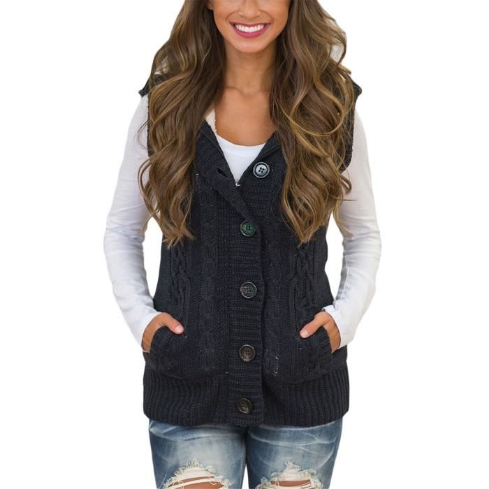 Gilet QBCOX chandail à capuchon sans manches pour femmes gilet bouton cardigan en tricot cardigan Taille-38