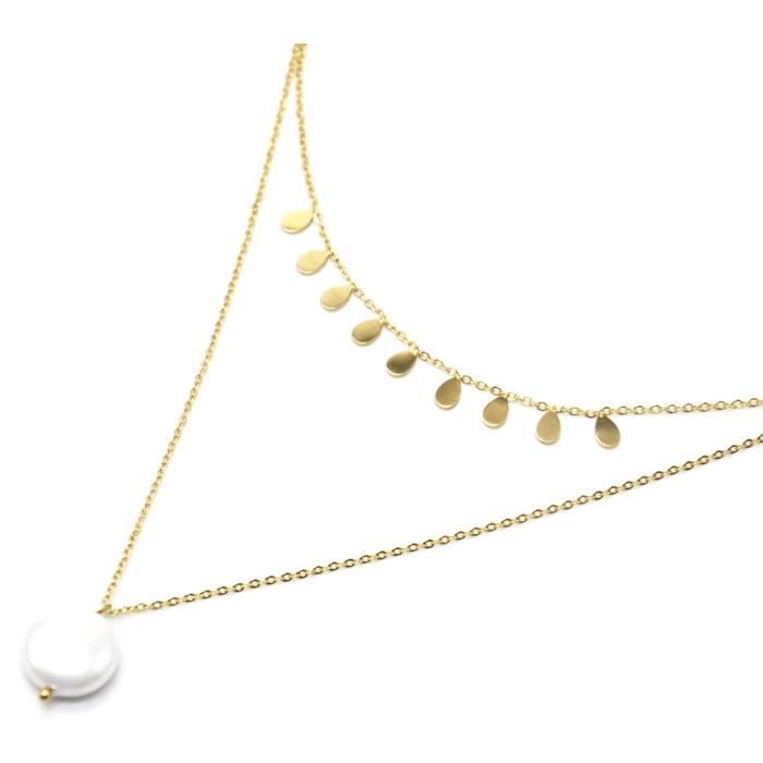 CC3290F - Collier Double Chaînes avec Pampilles Gouttes Acier Doré et Perle Nacre Ronde