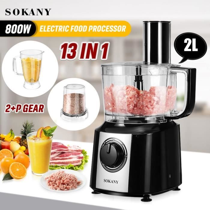 SOKANY Robot Multifonction Electrique 800W 13en1 2 Vitesses Hachoir à Viande Presse-agrumes 2L Bol Broyeur Cuisine
