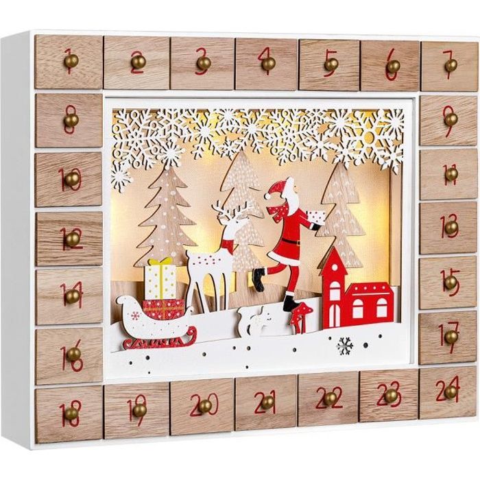 Spielwerk Calendrier de l'Avent à remplir LED blanc chaud 3D fenêtre 24 portes Noël enfants DIY décoration en bois