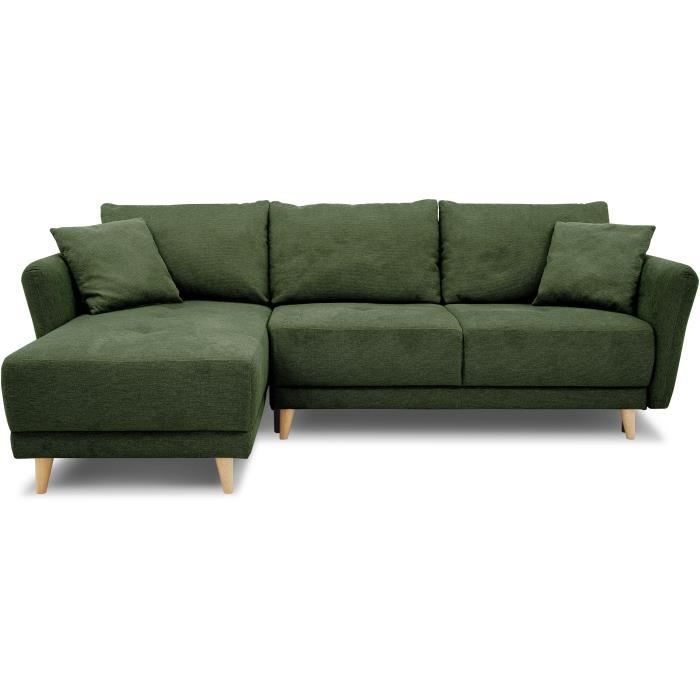 Canapé d'angle convertible réversible 3-4 places CLAUDIUS - Tissu Vert Olive - Coffre de rangement -