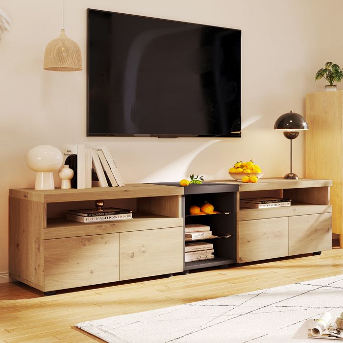 meuble tv / banc tv moderne pour salon, avec 2 tiroirs et 2 niches, étagères en verre, effet bois naturel, chêne, 200x48x40 cm