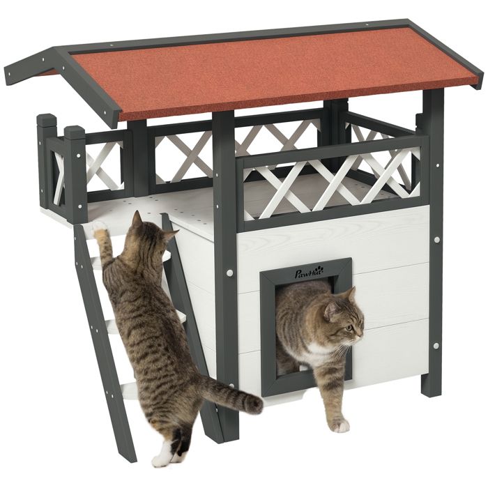 Comparer les prix de Maison lodge pour chat - niche villa avec terrasse, escalier, toit - bois sapin gris blanc toit bitumé rouge
