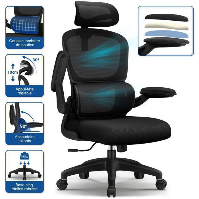 Chaise De Bureau Ergonomique Grise Avec Support Lombaire Et Appui-tête Réglable - Neuve