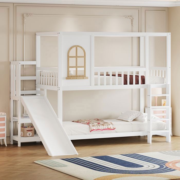 Lit Enfant 90 X 200 Cm, Avec échelle De Sécurité Et Toboggan, Rangements à Plusieurs Niveaux Lit Multifonction Lit Mezzanine Blanc 97344893