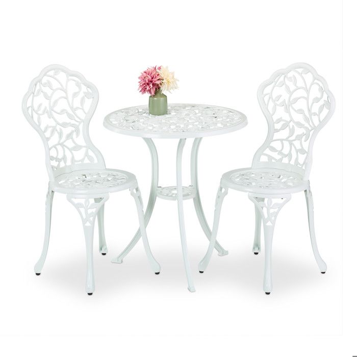 Relaxdays Salon de jardin pour 2 personnes design romantique fonte daluminium table et 2 chaises blanc