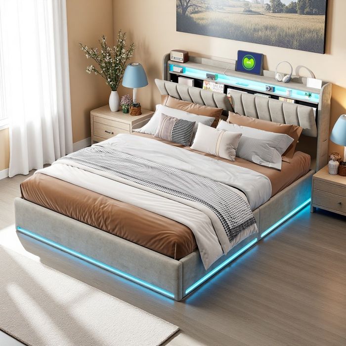 Lit Adulte 140x200 cm avce LED et USB, Lit rembourré en velours, Lit ...