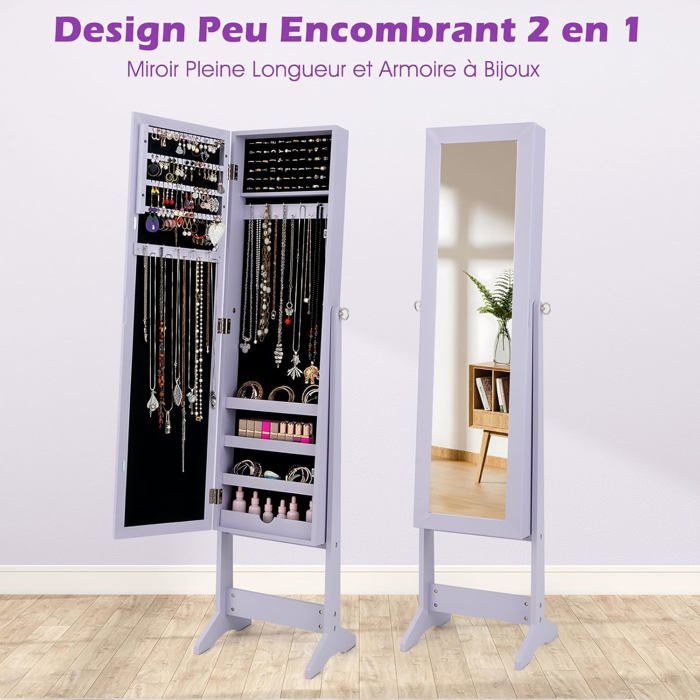 COSTWAY Armoire à Bijoux sur Pied avec Miroir Plein Long 3 Angles Réglables Crochets pour Colliers Emplacements Étagères Violet