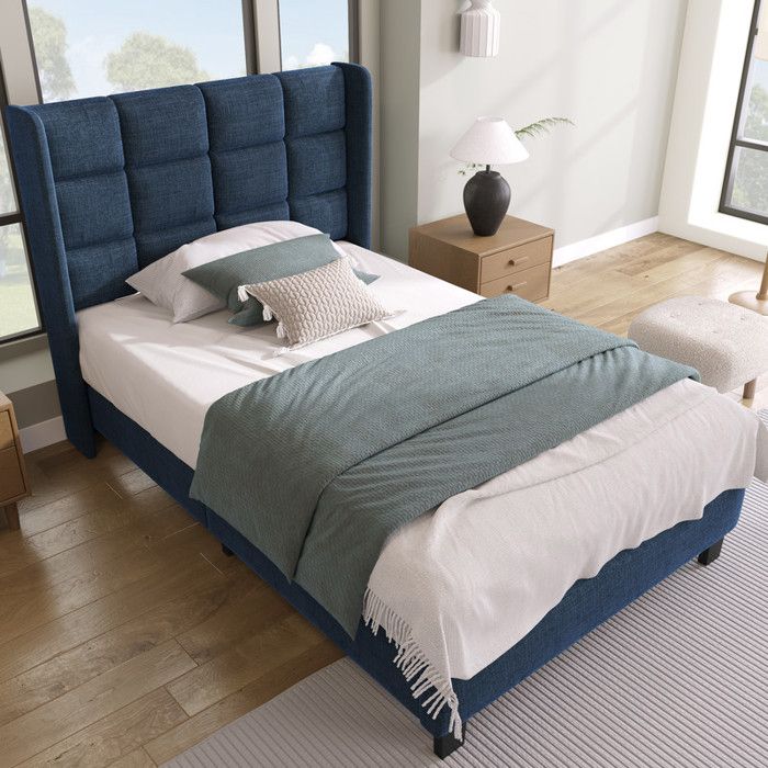 Lit simple 90x200cm Lit adulte Tête de lit et dossier rembourrés en lin bleu Lit 1 Personne Sommier lattes bois