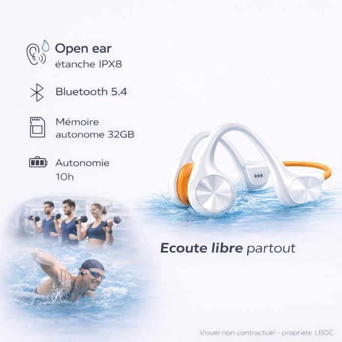 Casque Écouteurs Conduction Osseuse Bluetooth 5.4 - 32Go - IPX8 - Natation Sport - Open Ear Autonomie 10h - Blanc Orange