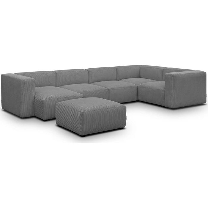 Canapé modulable panoramique 6 places méridienne à gauche + pouf en velours côtelé gris - Modulo