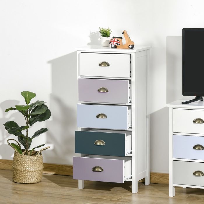 Chiffonnier commode meuble de rangement 5 tiroirs multicolores avec poignée métal coquille MDF - dim. 45L x 30l x 954H cm