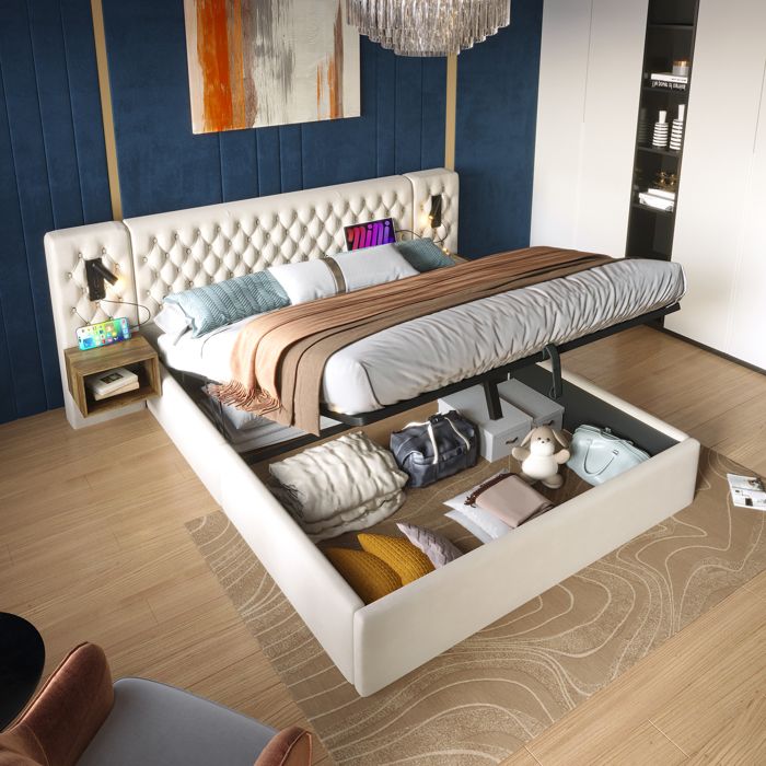 Lit double rembourré 160×200 cm 2 tables de chevet Lit coffre avec lampe de lecture de tête de lit et Interface USB Velours Beige