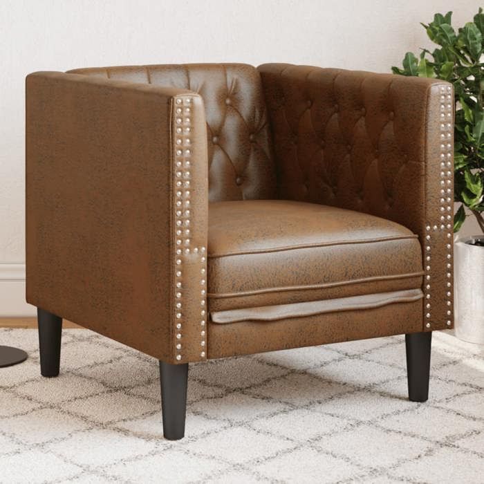 Fauteuil Chesterfield similicuir daim - vidaXL - Marron - 71x74.5x70.5 cm - Similicuir daim - Boutons tuftés