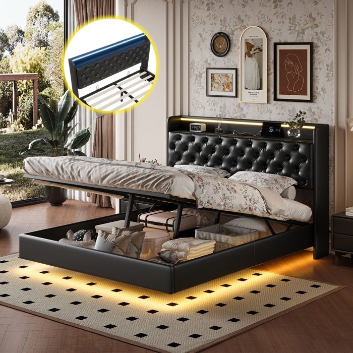 Lit Flottant Double 140 x 200 cm Lit Coffre avec Fonction de USB et LED Lit Rembourré avec Sommier à Lattes Moderne PU Noir