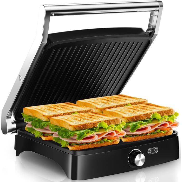 Grille-Panini Électrique 2000W –Appareil À Croque-Monsieur 4 Tranches –Grill Électrique À Ouverture 180°–Température Régla[C316]