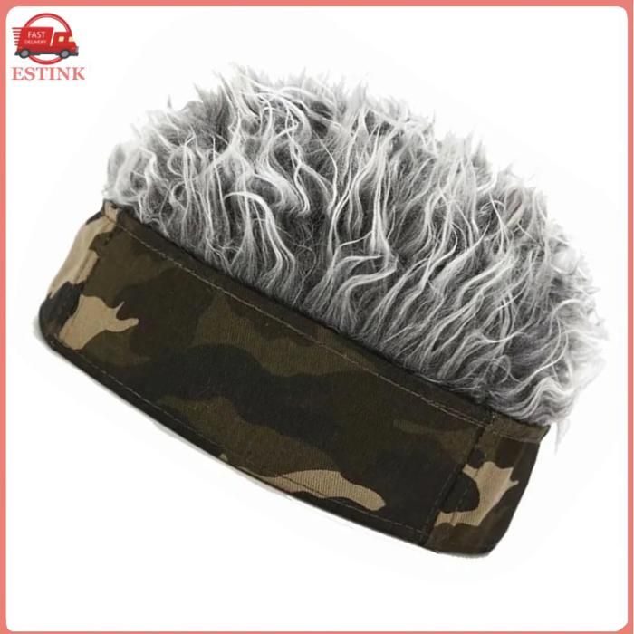 ESTINK Perruque-Chapeau Artificielle pour Homme en Camouflage Gris Taille Ajustable Style Court Fantaisie avec Bandeau