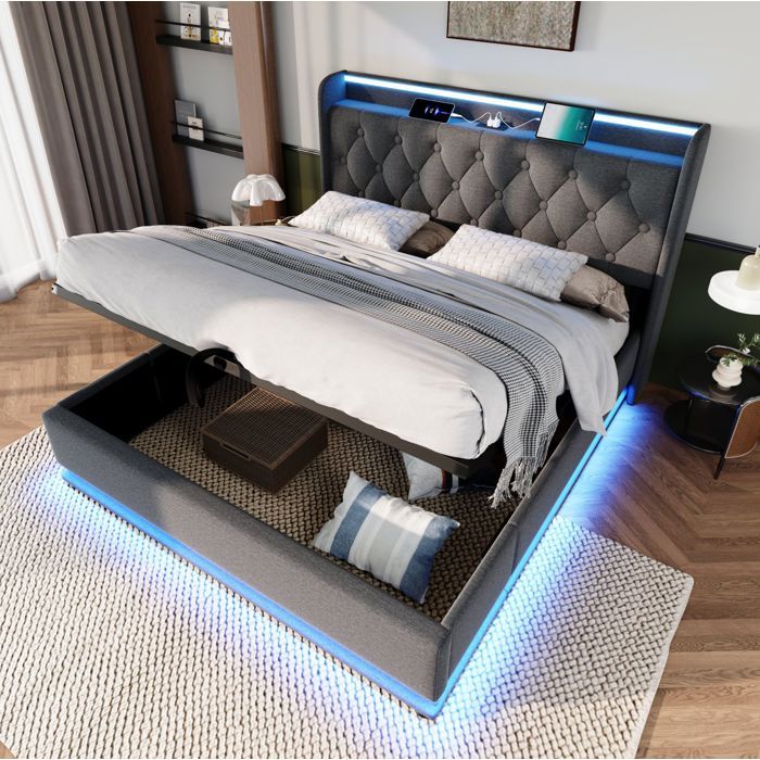 Lit coffre adulte 160x200 cm hydraulique rembourré. LED. USB Type-C. Lin. gris. sans matelas