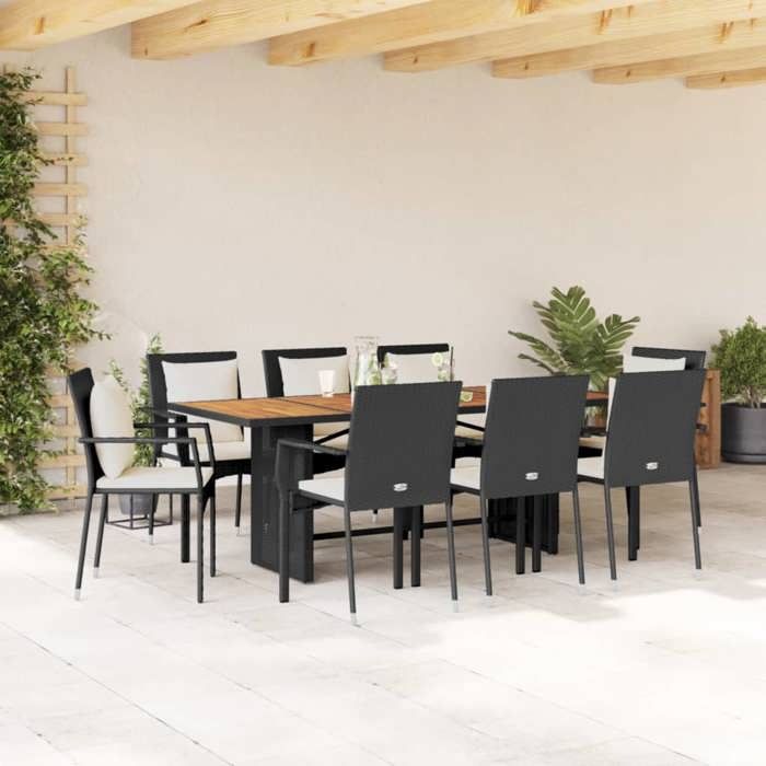 Ensemble à manger de jardin - vidaXL - 9 pièces - Résine tressée - Noir - Table 190x80x74 cm - Chaises 59x53 5x88 cm