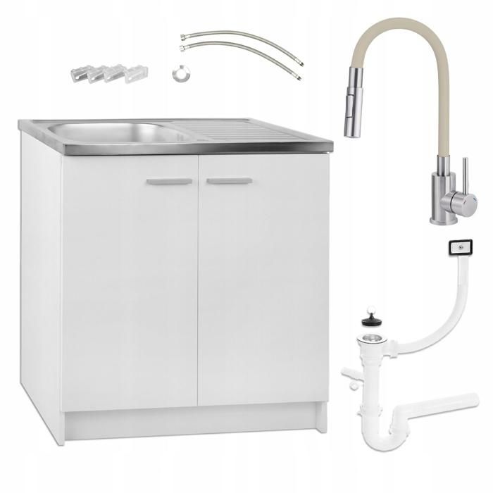 Meuble sous Évier 80 cm Blanc + Évier Deante Inox + Robinet Extensible 2-en-1 Beige + Siphon LV - 80x49x82 cm