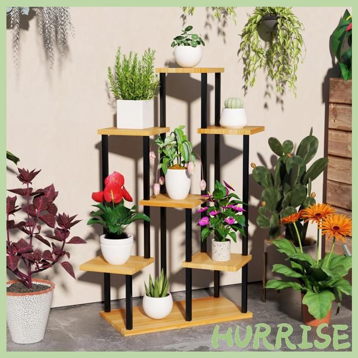 Cocosity Support À Plantes À 7 Niveaux Pour Intérieur Et Extérieur Étagère Plante En Acier Et Bois Bois Naturel