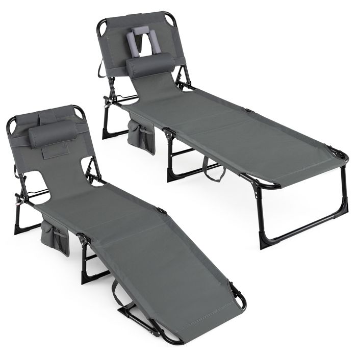COSTWAY Chaise Longue Pliante avec Trous Pochette Latérale et Appuie-Tête Amovible Réglable à 5 Positions 160 kg Gris COSTWAY Chaise Longue Pliante avec Trous Pochette Latérale et Appuie-Tête Amovible Réglable à 5 Positions 160 kg Gris