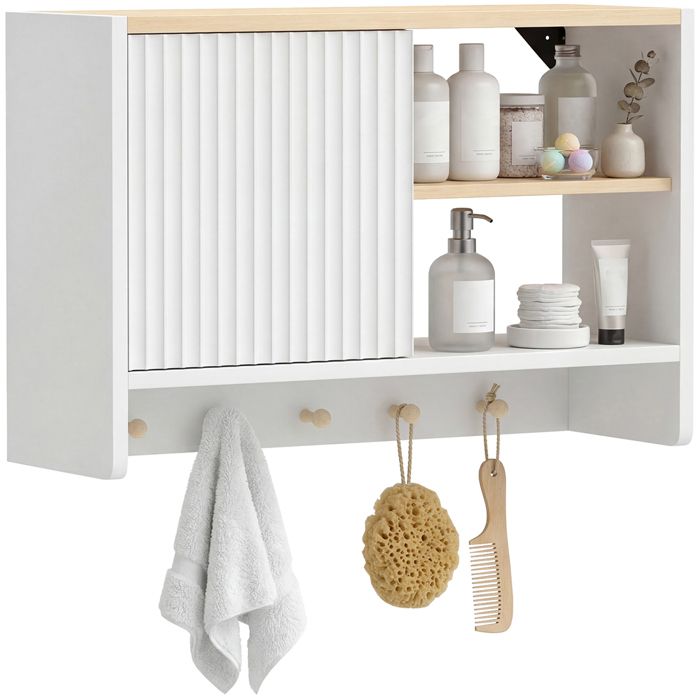 Armoire murale de salle de bain - HOMCOM - porte étagères ouvertes et 5 crochets - bois - 60 x 20 x 40 cm - blanc et chêne Armoire murale de salle de bain - HOMCOM - porte étagères ouvertes et 5 crochets - bois - 60 x 20 x 40 cm - blanc et chêne