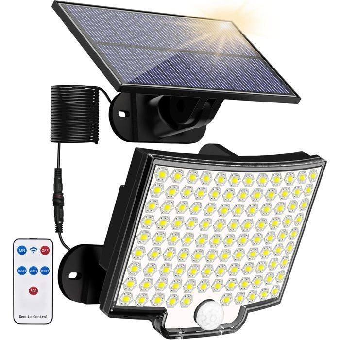 Lampe Solaire Extérieur 3 Modes Lumière Solaire Extérieure Détecteur de Mouvement avec Télécommande IP65 Étanche Blanc Froid