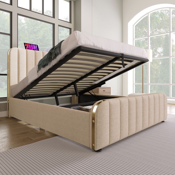 Lit rembourré hydraulique- 160x200cm- deux places- tête de lit avec finitions dorées et port USB Type-C- lin- beige- sans matelas Lit rembourré hydraulique- 160x200cm- deux places- tête de lit avec finitions dorées et port USB Type-C- lin- beige- sans matelas