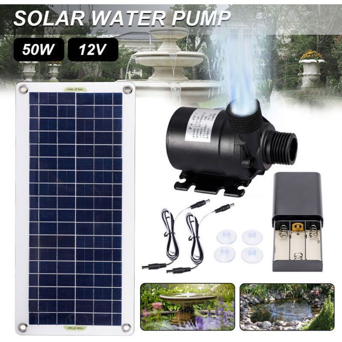 Pompe à eau solaire - Unbrand - Débit 800L/H - Hauteur de refoulement 5m - Moteur sans balais - Panneau solaire 50W