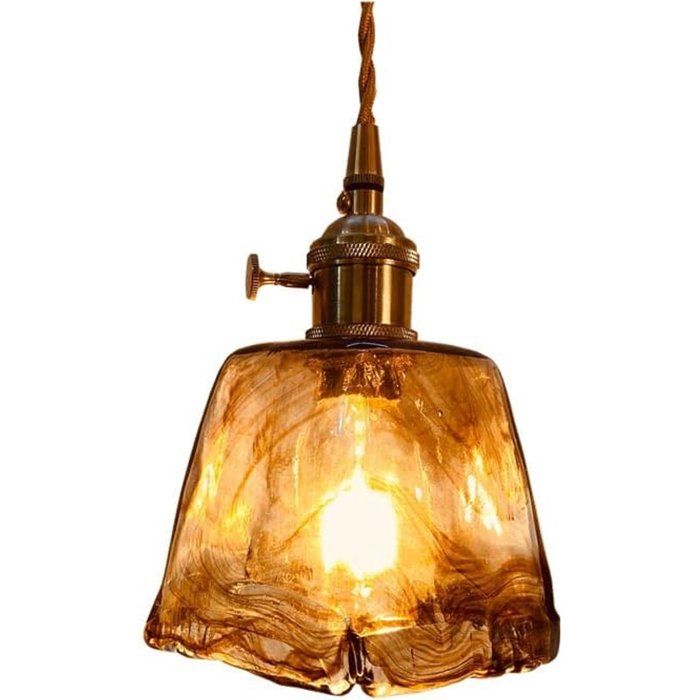 Suspension en verre ambré - Lampe suspendue vintage - Abat-jour en verre fait main - Douille E27 - Ampoule LED Edison incluse -
