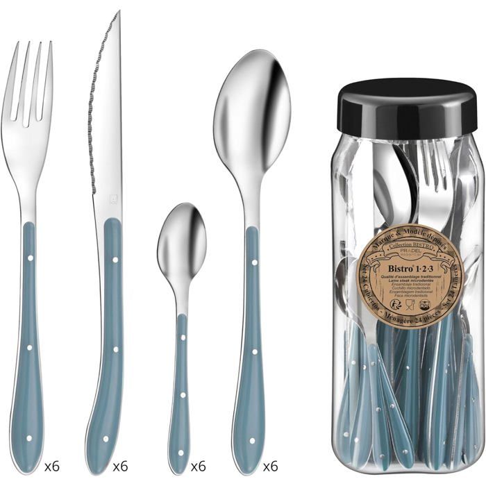 Ménagère 24 couverts de table pour 6 personnes - Bistro 1-2-3 - Acier inoxydable 18/0Finition Standard - Bleu denim
