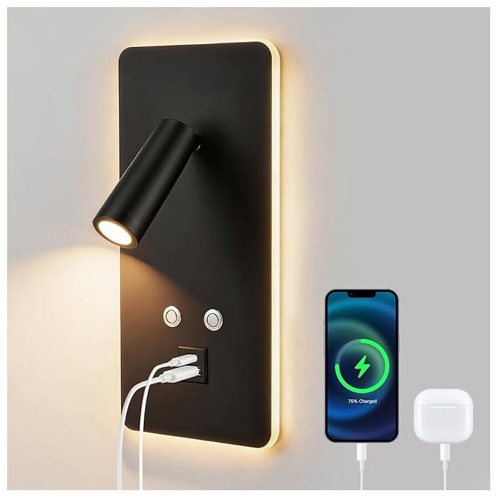 Liseuse Murale LED avec USB et USB-C – Lampe de Lecture Tête de Lit Dimmable 3W+9W 3000K