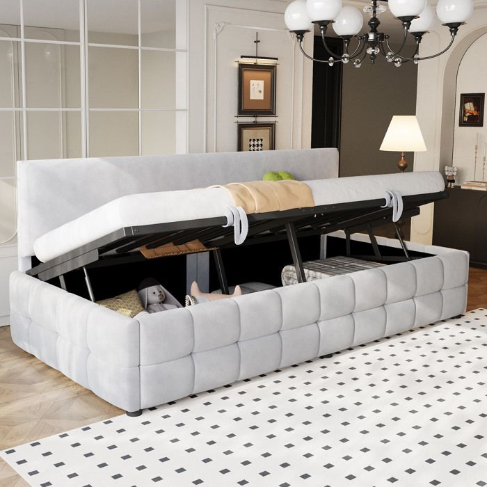 Sofabett 90x200 cm avec Grand Espace de Rangement Hydraulique Dossier Classique à Carreaux Velours Gris Clair