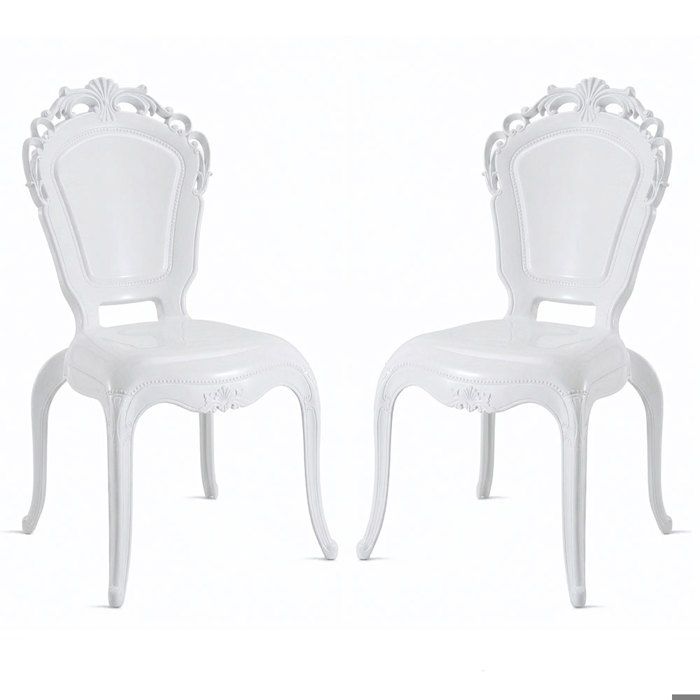 Lot de 2 chaises en polycarbonate transparent design baroque revisité idéales pour espaces élégants – Maya/Blanc