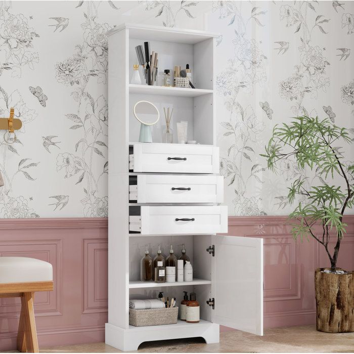 Meuble rangement salle de bain colonne 56x256x167 cm avec 3 tiroirs 1 porte étagères ouvertes MDF blanc Grjofek