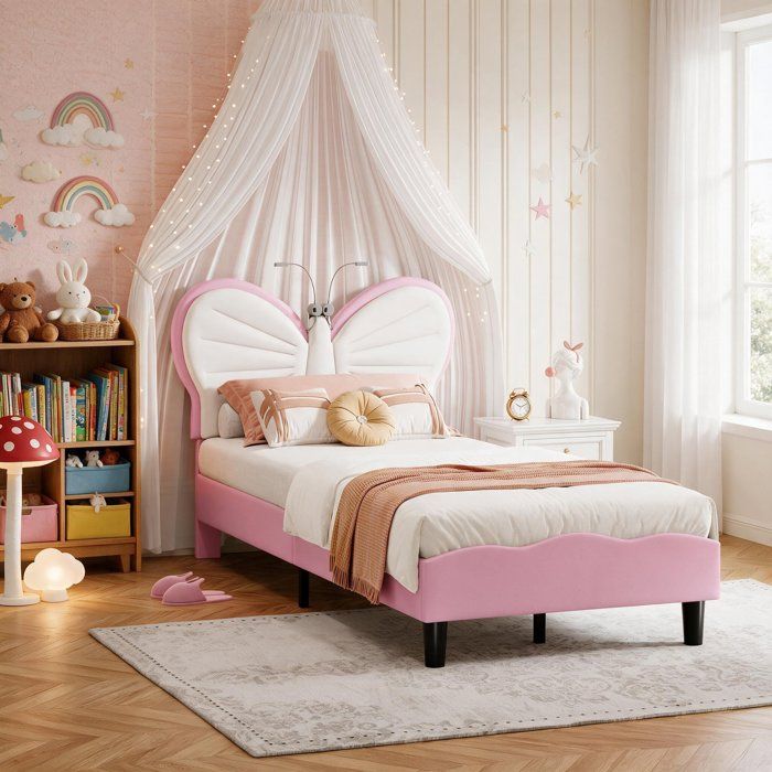Lit dappoint 1 personne lit 90x190 Lit enfant lit plat Lit simple 90x190 Hauteur réglable avec lampe de lecture Velours Blanc Rose