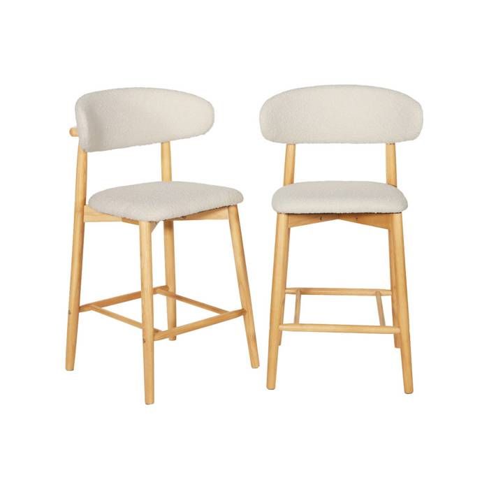 Lot de 2 tabourets de bar en bois dhévéa naturel et tissu bouclette crème - Paola Lot de 2 tabourets de bar en bois dhévéa naturel et tissu bouclette crème - Paola