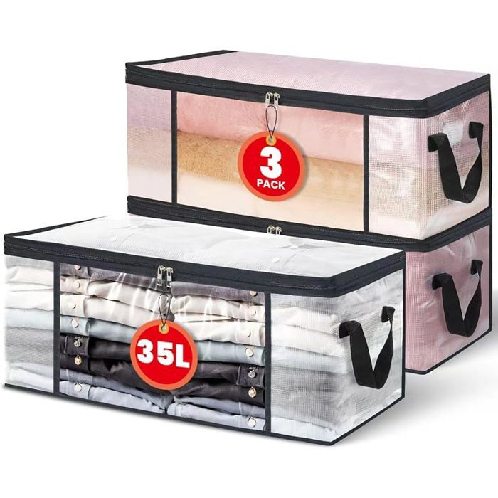 Lot de 3 Sacs de Rangement Vetement Transparente 35L Boîte de Rangement Sous Lit/Armoire Housse Rangement Couette 35L