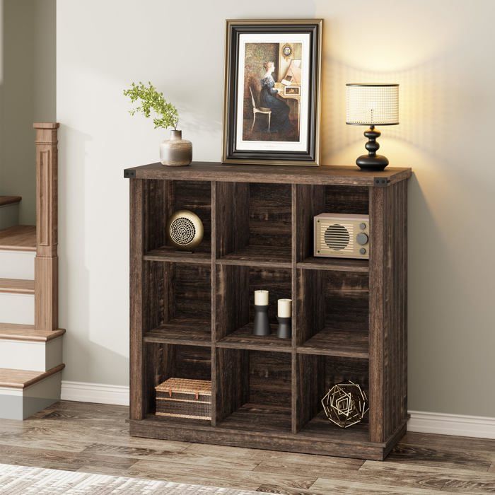 Bibliothèque 9 cubes Meuble de rangement pour bureau style campagne pour livres et accessoires Chêne Noir