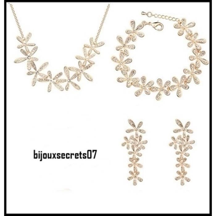 Parure De Bijoux 3 Pièces – Collier, Boucles D'oreilles, Bracelet – Fleur Strass Blanc Sur Métal Doré (sans Nickel)